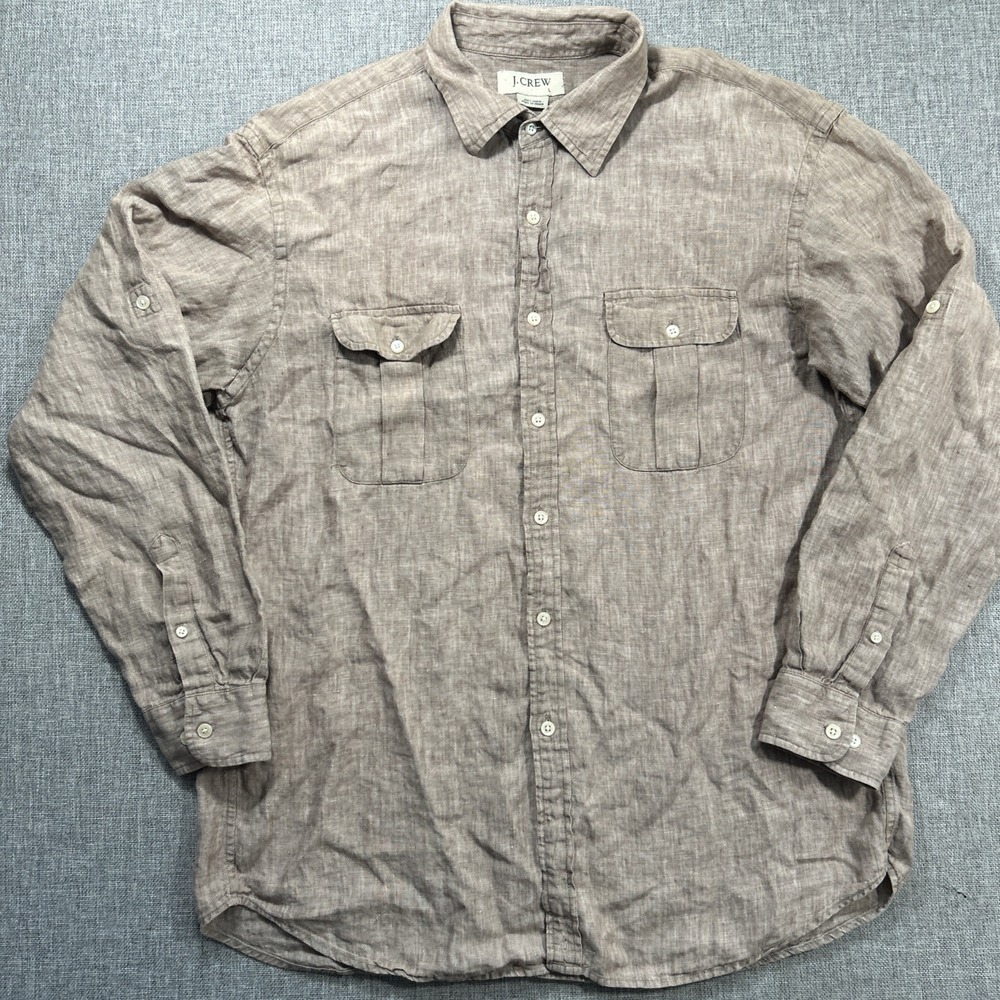 J CREW Men's L 100% Linen Brown Chambray Long Sleeve Button Down Shirt Summer